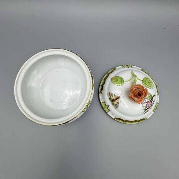 Vtg Herend Queen Victoria Porcelain Rd Box & Lid Trinket Dish with Rose Finial - Picture 3 of 14